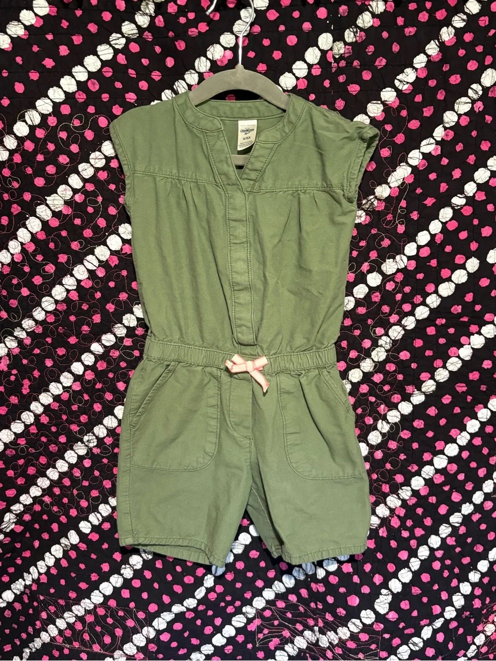 OshKosh B'gosh Olive Green Kids Utility Romper with Pink Bow